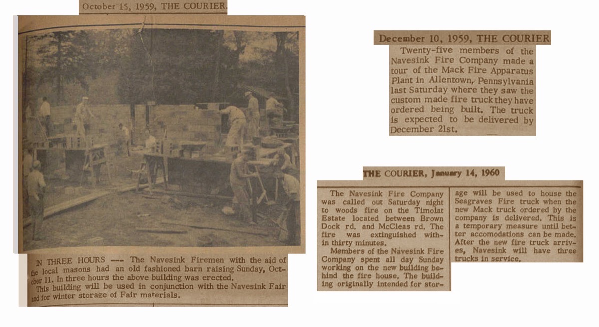 Courier clippings, 1959–1960: the fair building barn-raising, the Mack plant tour, and a January woods fire